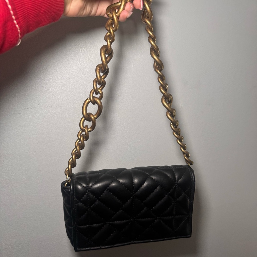 Zara Quilted Black Shoulder Bag with Gold Chain
